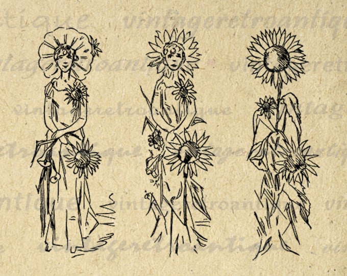 Printable Graphic Sunflower Woman Antique Image Download Digital Vintage Clip Art for Transfers Making Prints etc HQ 300dpi No.2099