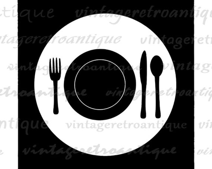 Digital Plate Setting with Fork Knife and Spoon Image Graphic Illustration Download Printable Vintage Clip Art HQ 300dpi No.3370