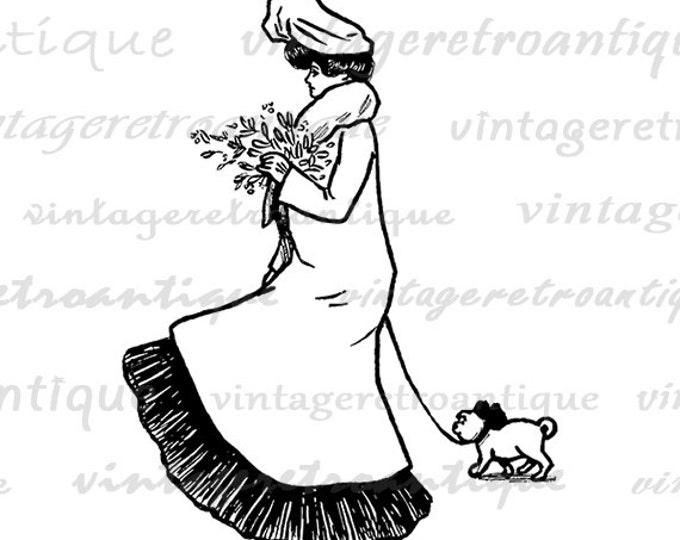 Printable Graphic Lady Walking Little Dog Digital Woman Image Download Vintage Clip Art for Transfers etc HQ 300dpi No.3189