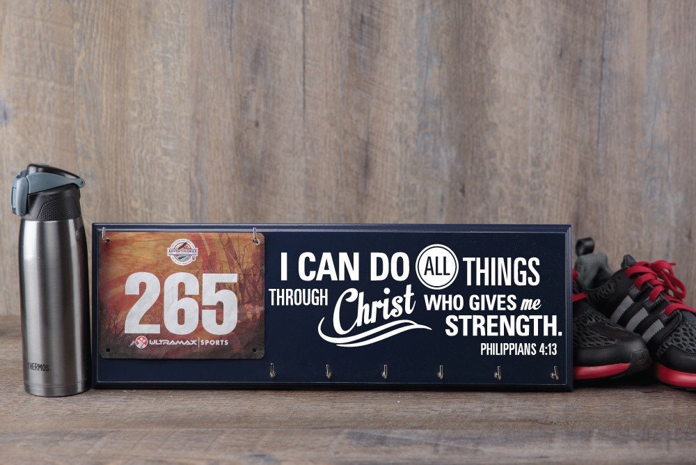 Running medal holder & race bib hanger with Bible verse