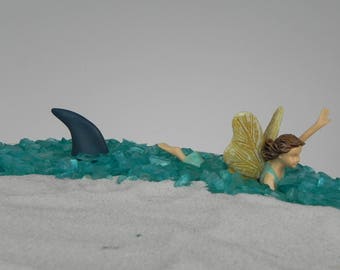 Miniature Shark Fin Pick Gray, swimming fairy, beach sign, beach garden supplies, terrarium supply, coastal, garden miniatures
