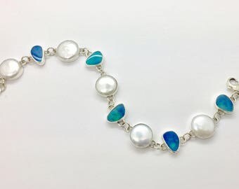 Australian Opal and Pearl Bracelet, Opal Bracelet, Pearl Bracelet, Link Bracelet