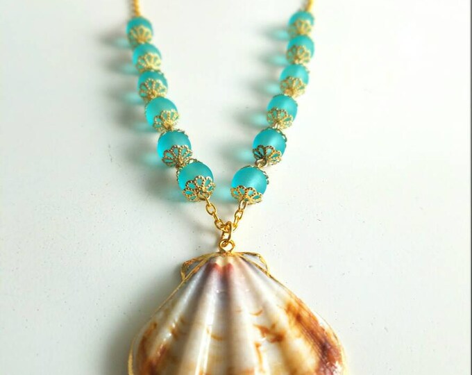 Teal Blue Gold Chain Seashell Mermaid Necklace