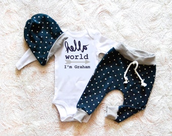 Baby Boy Coming Home Outfit, Hello World: Personalized Hello World Bodysuit, Navy Triangles Jogger Legging Pants, Slouchy Hat