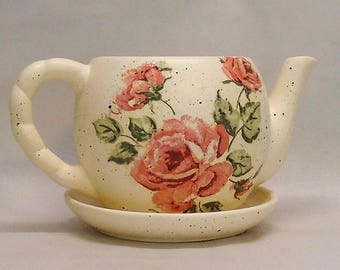 Made To Order, Handmade Decoupage Ceramic Teapot Flower Pot, Vintage Pink Roses, Shabby Chic, Succulent Pot, 4"