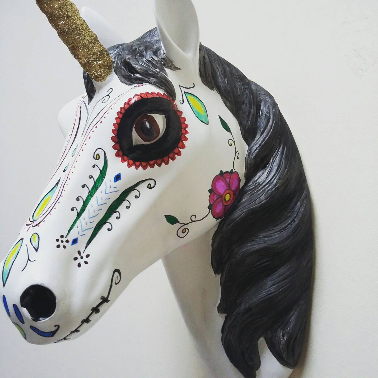 Unicorn head wall mount faux taxidermy. Hand painted by Skerrcrowe