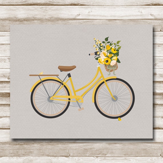 Vintage Bicycle Printable Yellow Bike Art Flower Basket