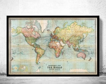 Beautiful World Map Vintage Atlas 1914 Mercator projection