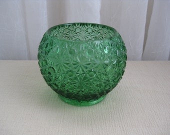Vintage Mid Century Daisy and Button Emerald Green Glass Candle Holder Bowl LG Wright