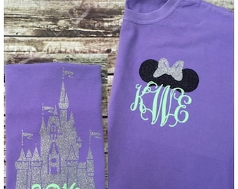 Castle Disney Tank - Minnie Ears Monogram - Periwinkle and Neon Green Glitter Vinyl - Comfort Color - Disney Shirt - Castle Monogr