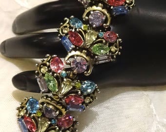 Gorgeous Wide Vintage 1953 Chunky Hollycraft Pastel Coloured Rhinestone Bracelet