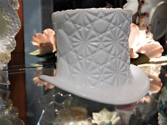 LARGE Fenton Milk Glass Top Hat Button Daisy Mid Century Quilted Diamond Stars Wedding Candle Holder Vase Country Cottage Home Decor Mother
