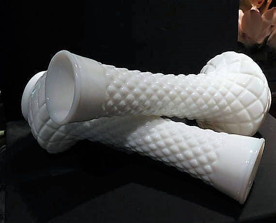 Milk Glass Wedding Decor Mid Century 1960s Vintage Flower Vases Pair Bud Quilted Diamond Pattern White Milk Glass Wedding Table Decoration