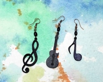 black classic quitar/ musical note /sol key earrings -1 pcs (not couple)-leather earings-music lovers-gift for her