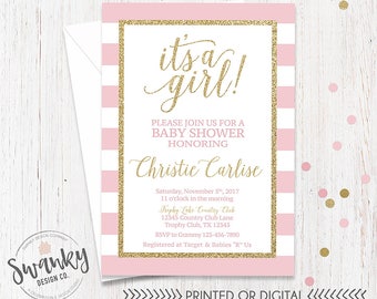 Blush Pink and Gold Baby Shower Invitations, Girl Baby Shower, It's a girl Baby Shower Invitations, Gold Glitter and Blush Pink, Pink Shower