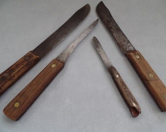 Vintage Steel Knife Collection w/ Wooden Handles, Assorted Rustic Utility Workshop Knives, Old Worn Antique Kitchen Cutlery, Walnut Handle
