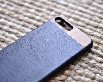 Black Leather iPhone 7 Plus Case with Cherry and Rose Wood Case