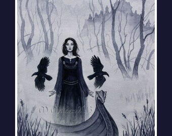 A6 HANDMADE CARD / blank notelet 'Three Ravens' Celtic goddess card, Mists of Avalon, Lady of the Lake, pagan notecard, deep blue navy