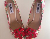 Liberty shoes,ladies shoes, liberty fabric, liberty floral heels, felt flowers, red shoes, stilletto heels, customised shoes, vintage flora.