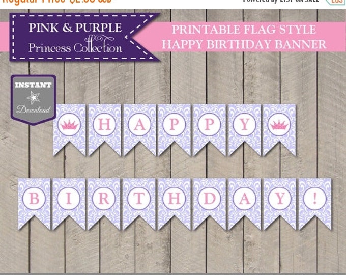 SALE INSTANT DOWNLOAD Princess Happy Birthday Banner / Printable / Crown / Flag Banner / Pink and Purple Princess Collection / Item #301