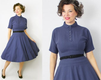 Anne Fogarty Dress / 50s Dress / 1950s Dress / Blue Dress / Day Dress / Designer Dress / Fifties Dress / Winter Wool Dress / Waist 26"
