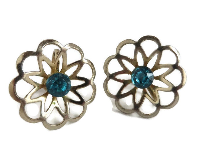 Vintage Atomic Gold Tone Earrings, Aqua Rhinestone Starburst Screwback Earrings