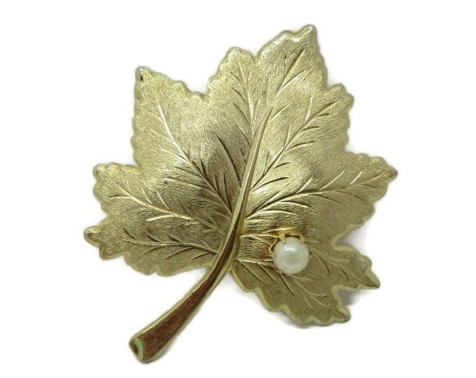 Vintage Sarah Coventry Golden Leaf Faux Pearl Brooch Pin