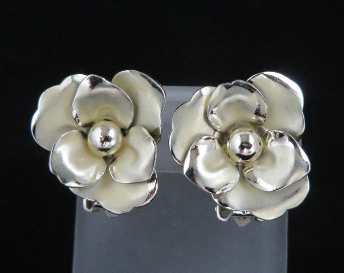 Coro Flower Earrings, Vintage Gold Clip on Earrings, Brushed and Polished Floral Signed Designer Jewelry, FREE SHIPPING