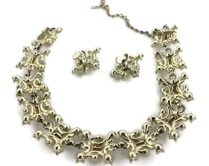 Pink Rhinestone Jewelry Set - Vintage Duane Necklace, Earrings Set, Silver Tone Demi Parure, Holiday Gift