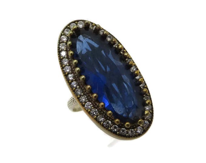 Vintage Blue Sapphire Statement Ring, Sapphire and Topaz Sterling Silver Ring, Size 7
