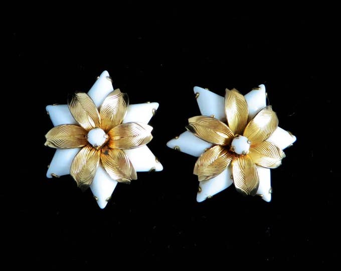 Weiss Glass Earrings, Vintage White and Gold Flower Earrings, Signed Weiss Clip-on Earrings