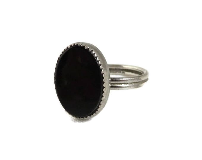 Oval Onyx Ring, Vintage Sterling Silver Ring, Adjustable Onyx Ring