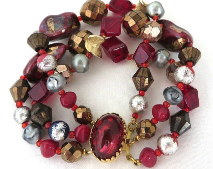 Bracelet, Glass Bead Bracelet, Signed Hattie Carnegie Jewelry, Vintage Jewellery, Triple Strand Beaded Designer Bracelet, Gift for Her