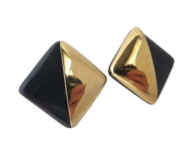 Trifari Square Earrings, Vintage Black & Gold Tone Clip-on Earrings, Signed Trifari Classic Jewelry, Gift Boxed Trifari Square Earrings, Vintage Black & Gold Tone Clip-on Earrings, Signed Trifari Classic Jewelry, Gift Boxed