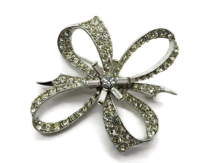 Rhinestone Bow Brooch - Vintage Estate Silver Tone Costume Jewelry Gift Brooch