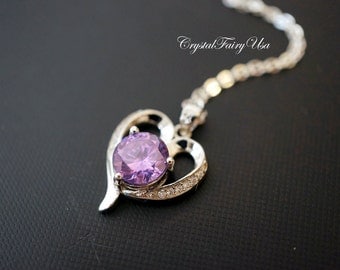 Sterling Silver Amethyst Necklace - Genuine Swarovski Amethyst Heart Necklace - Heart Amethyst Diamond Necklace - High Quarty Pendant