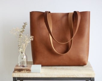 Camel Leather tote bag with sewn handles. Cap Sa Sal Bag. Handmade.