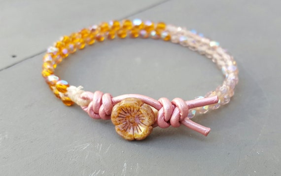 Items similar to Beaded wrap bracelet. Pink flower leather wrap ...