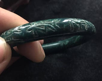 Jade Bangle Bracelet Full Round Carved Design 20th C. Lg. 62 mm Chinese Deep Black Green Jadeite Bracelet Stunning Jade Bangle