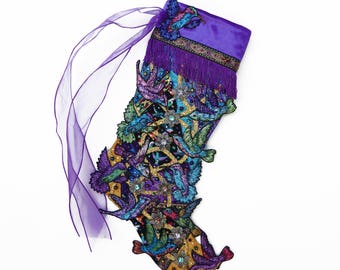 Hummingbird Christmas stocking, a custom handmade one-of-a-kind holiday decoration