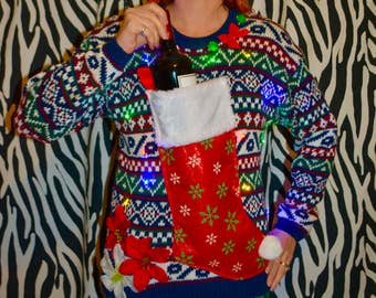 Wine Holder Ugly Christmas Sweater, Light up, Women Medium, stocking, alcohol, wine, novelty, one of a kind, party pocket, vintage