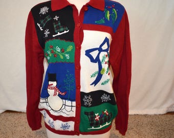 Large, vintage, Sexy, Ugly Christmas Sweater, Vintage with Christmas panels, grandma sweater, ugly sweater party, could work for men
