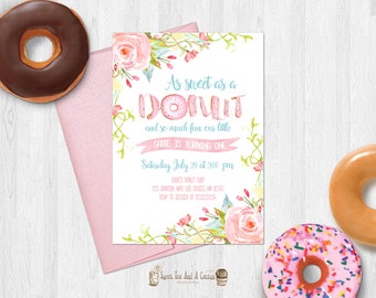 Donut Birthday Invitation Girls Donuts First Birthday Invites Pink Floral Elegant Printable Digital File or Prints w/ Free Shipping