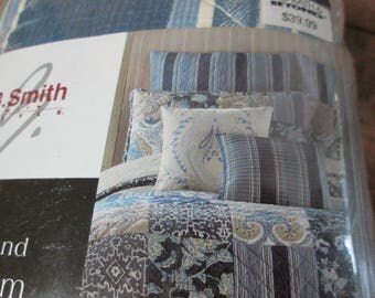 pair of euro pillow shams quilted striped in navy blue and white one