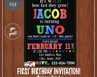 UNO Themed Birthday Party Invitation - UNO - One Year Old - 1st Birthday Ideas - One - Colorful - Unique - Printable - Uno Cards