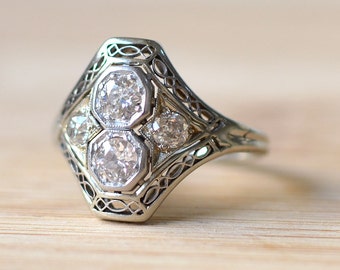 C. 1918 18K Gold Art Deco Ring with European Cut Diamonds - European Cut Diamond Ring - 1920s Engagement Ring - Art Deco Engagement Ring