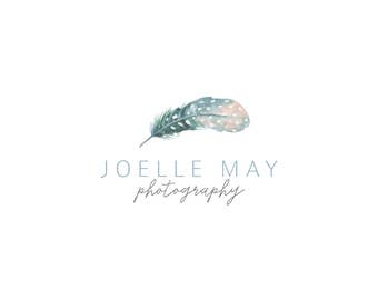 Logo design, watercolor flowers, photography logo, logo template, blue feather logo, boho chic logo, watercolor flower, pink blue, LOGO 3747