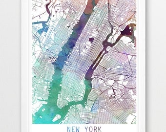 New York City Urban Map Poster, New York Street Map Print, Purple Aqua Blue Watercolor New York, Modern Wall Art, Home Decor, Printable Art