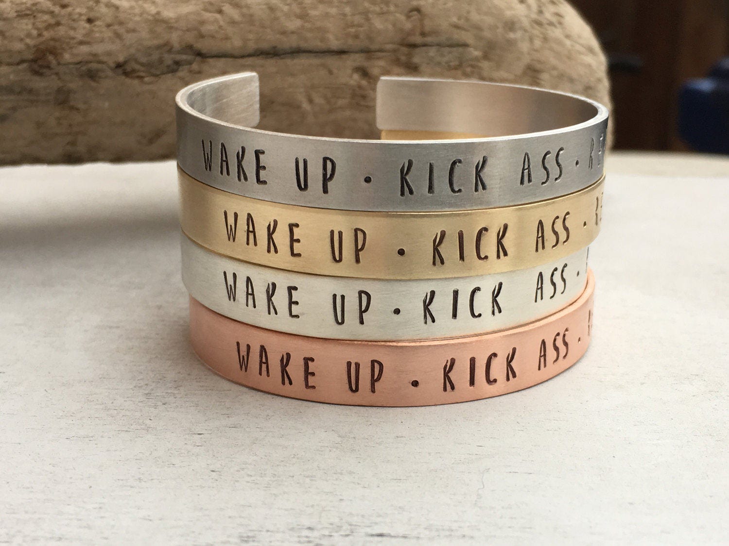 Graduation Gift | Promotion Gift | Friend Gift | Inspiration | Personalized | Wake Up, Kick Ass, Repeat Custom Hand Stamped Cuff Bracelet