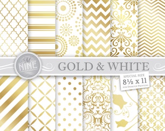 GOLD Digital Paper / Gold & White Patterns / 8 1/2 x 11 Gold Printable Patterns, Gold Downloads Gold Scrapbook Paper Pack